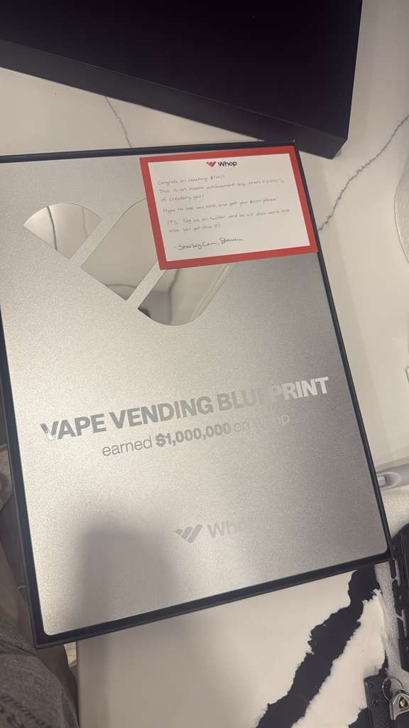 Vape Vending Blueprint's $1,000,000 Whop milestone plaque
